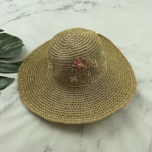 Capelli Womens Vintage Y2k Straw Sun Hat One Size Floral Embroidered Floppy